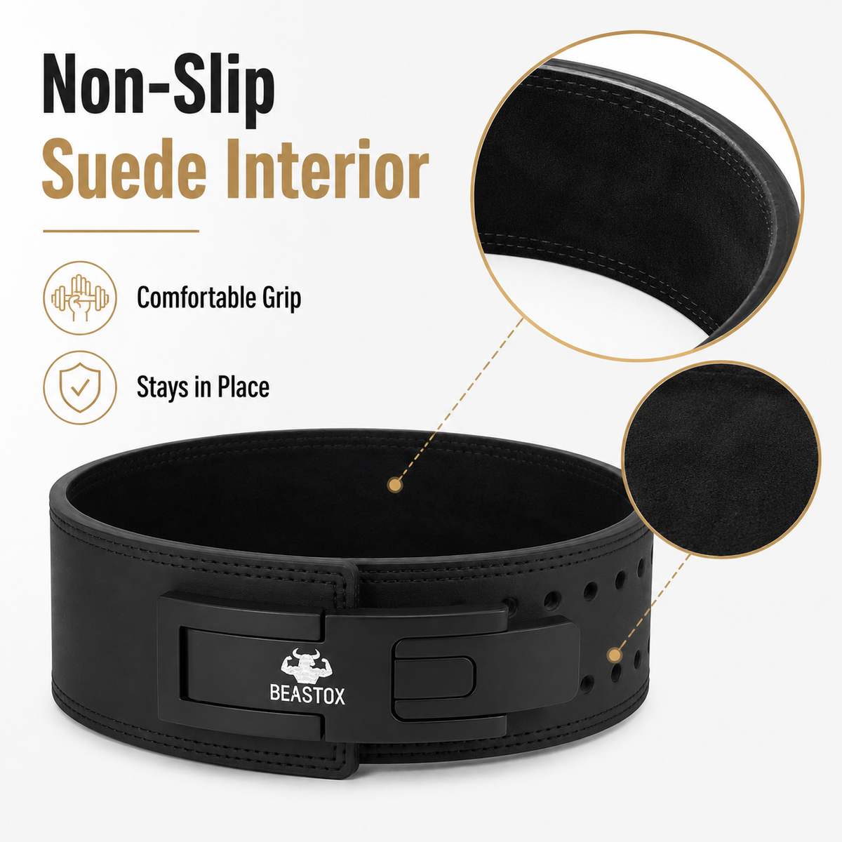 Quality: BEASTOX 10 mm lever lifting belt non-slip suede interior and stitching close-up