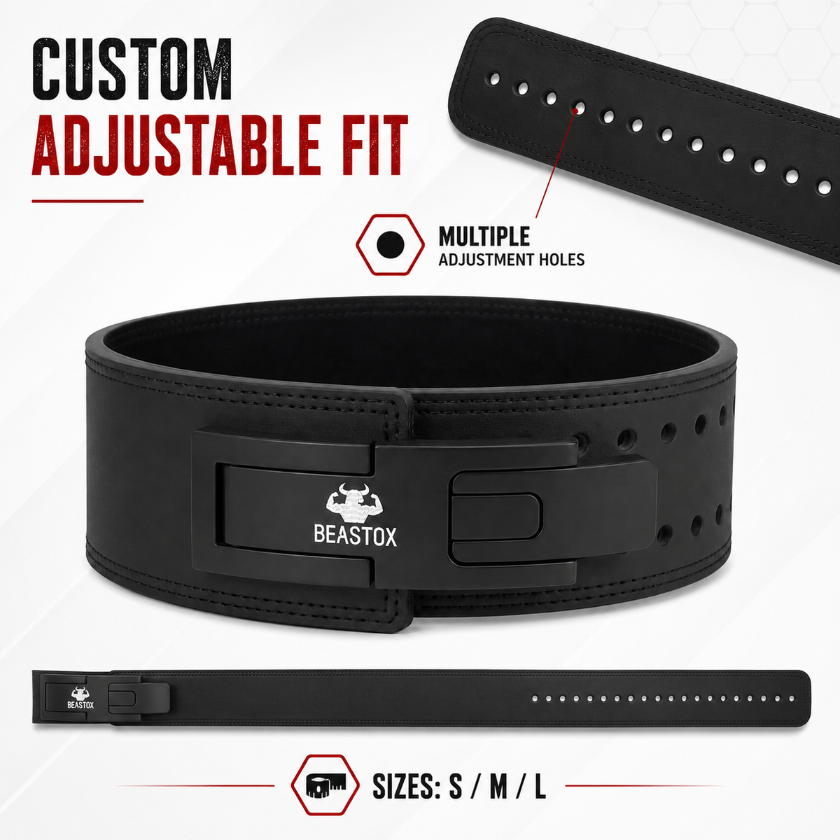 Photos: BEASTOX 10 mm quick-release lever belt adjustable holes and full strap; sizes S, M and L