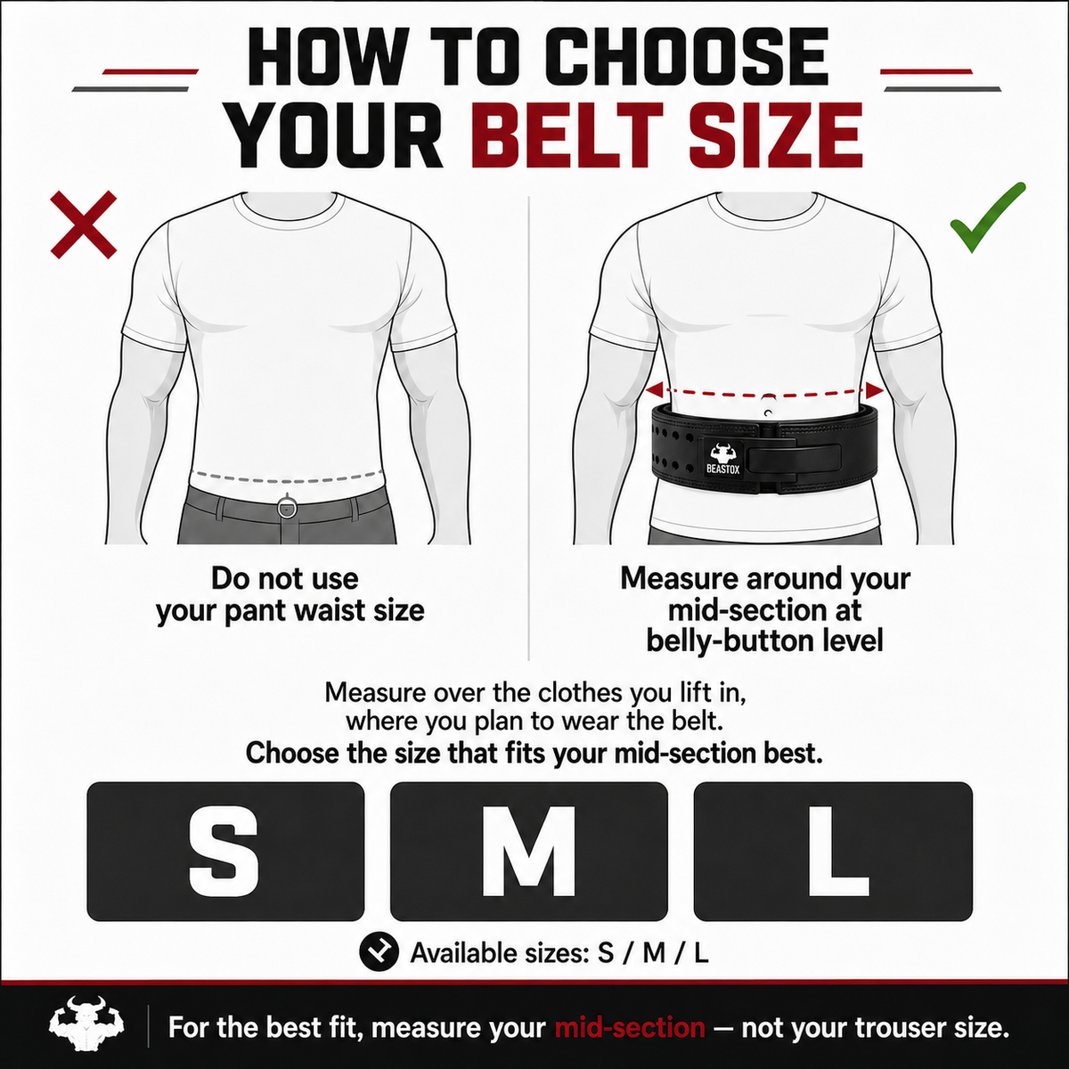 How to use: BEASTOX 10 mm lifting belt size guide; measure around the mid-section at belly-button level over clothing