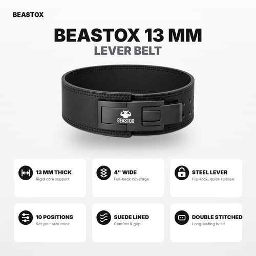 Quality: BEASTOX 13 mm classic lever belt specifications — 4-inch width, steel lever, 10 positions, suede lining and double stitching