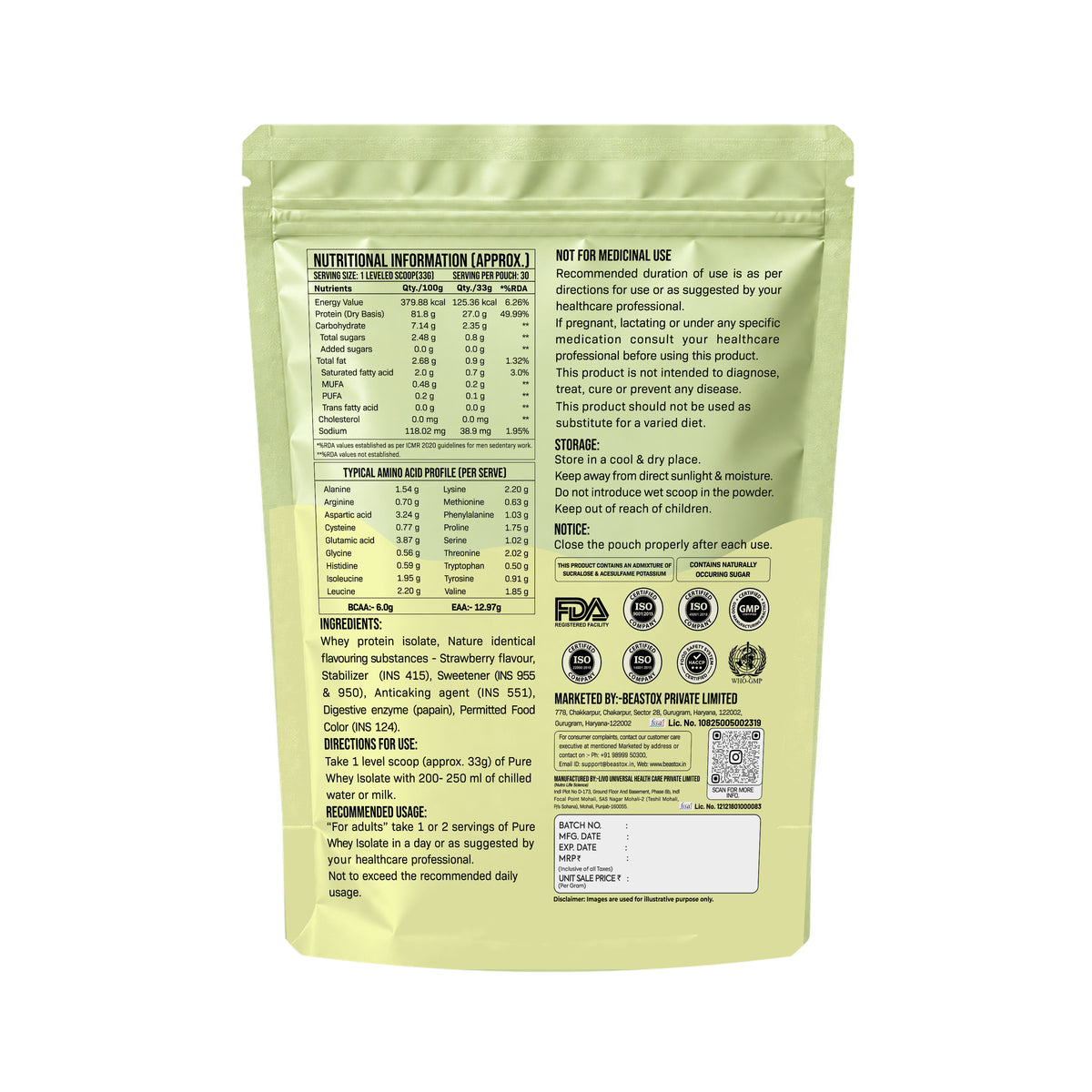 Label & ingredients: BEASTOX Pure Whey Isolate Strawberry back label with ingredients, nutrition, directions and manufacturer details