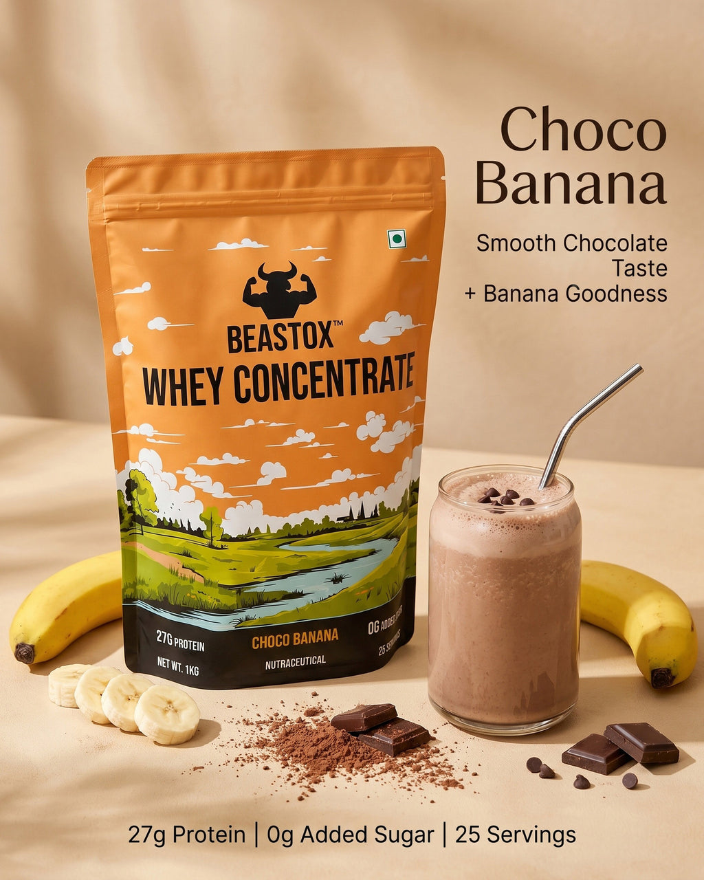 BEASTOX Whey Concentrate Choco Banana 1kg | 27g Protein | 25 Servings