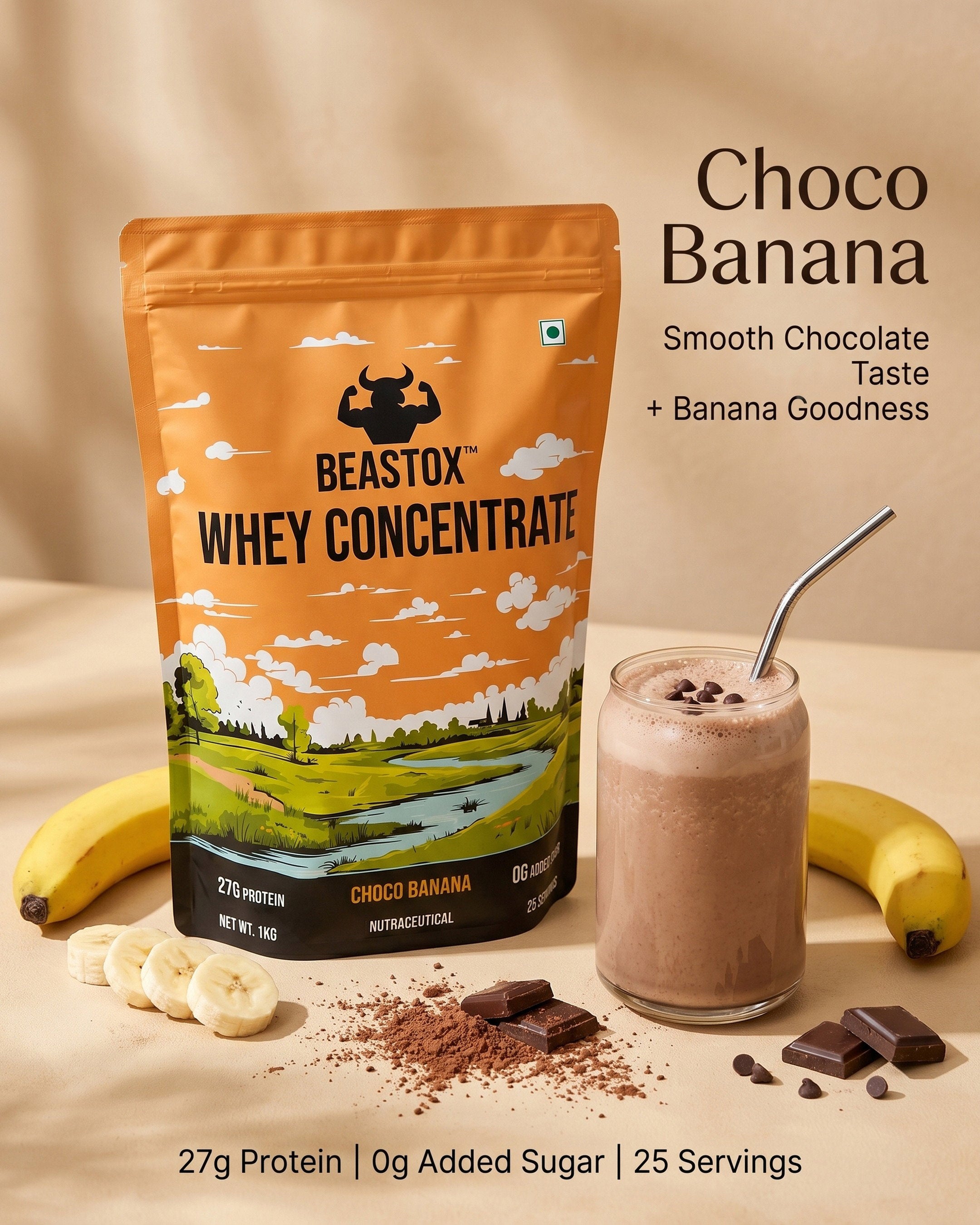BEASTOX Whey Concentrate Choco Banana 1kg | 27g Protein | 25 Servings