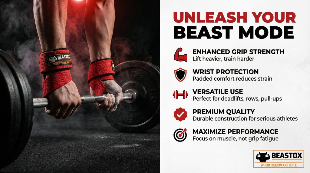 Beastox Lifting Straps, Heavy Duty Woven Cotton, Padded Wrist Support, for Deadlifts Rows Pull-Ups (Red)