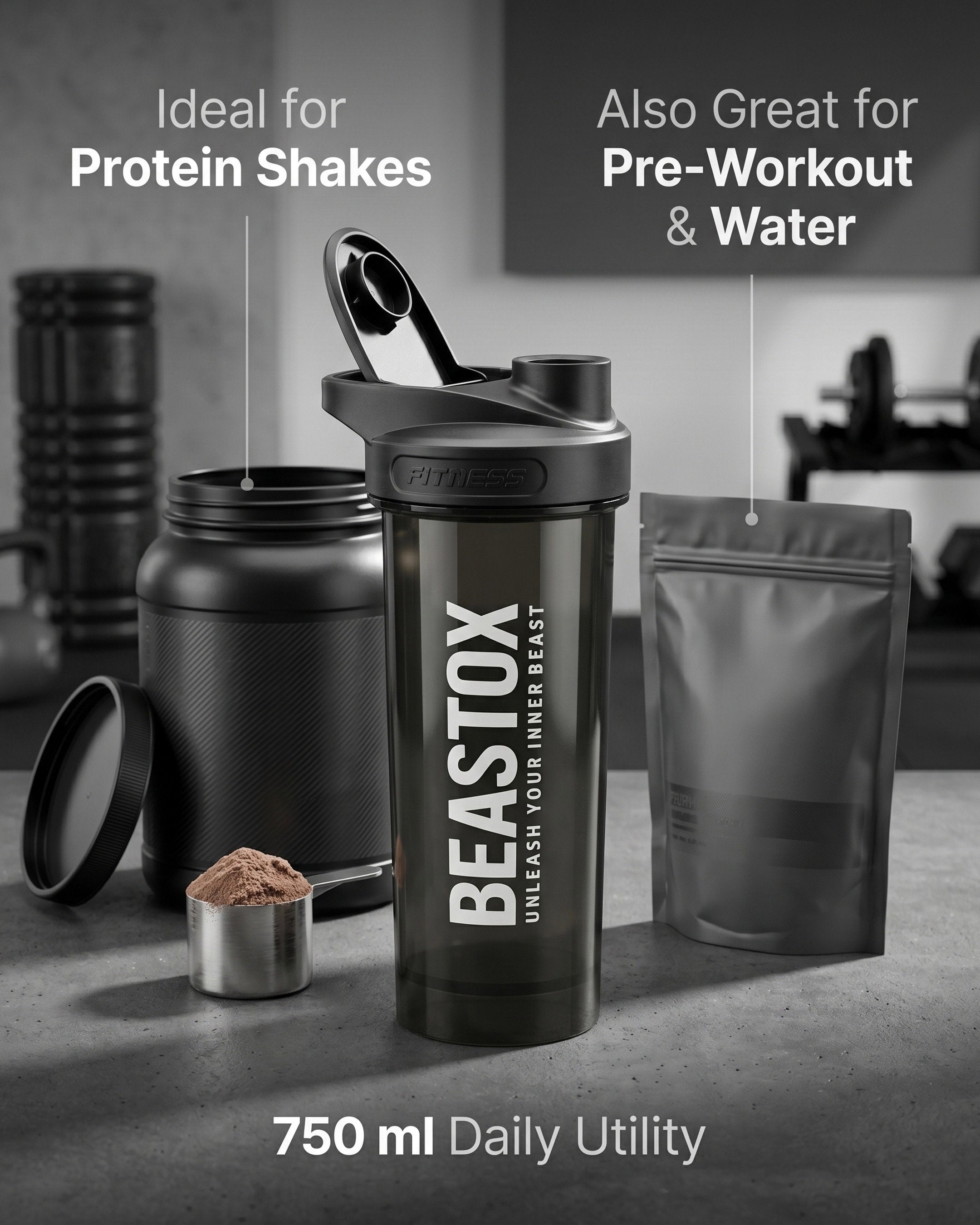BEASTOX ShadowSip Shaker Bottle, 750 ml, Smoke Black, Leak-Proof Flip Lid with Carry Handle, for Protein Shakes, Pre-Workout & Gym Hydration